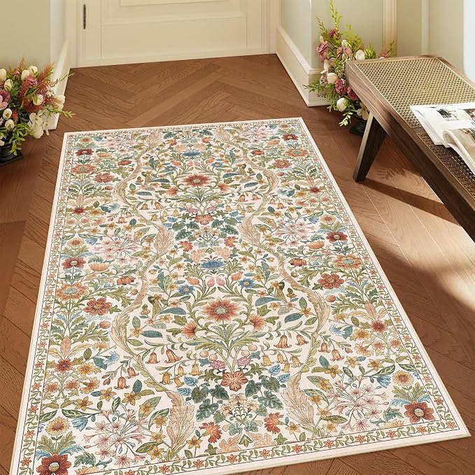 4x6 Beige Floral Boho Area Rug,Low-Pile Stain Resistant Non-Slip Machine Washable Carpet for Living Room,Bedroom, Kitchen,Entryway,Dining Room, Nursery