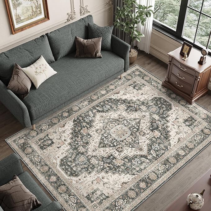 Roxstand 6x9 Washable Area Rug, Non Slip Living Room Rug Black/Beige | Low Pile Vintage Rug, Stain Resistant, Non-Shedding Design, Pet & Kid Friendly, Carpet for Bedroom, Dining Room Office
