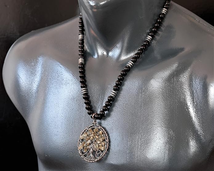 ElisaJewelryArt - Natural Amethyst Big Tree Of Life Pendant Black Onyx Stone Beaded Necklace Genuine Gemstone Feng Shui Stone Clasp Closure Necklace Unisex Necklace