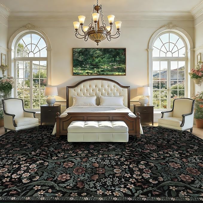 10x14 Black Vintage Floral Area Rug,Washable Large Boho Living Room Rugs,Botanical Print Non-Slip Stain Resistant Lightweight Carpet for Bedroom Dining Room Nursery