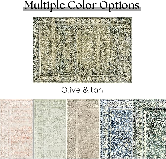 BILEEHOME Washable 6x9 Area Rugs for Bedroom Aesthetic,Cozy Soft Neutral Distressed Floral Dark Olive Green Decor Vintage Boho Rug for Living Room Bed Room Dining Room