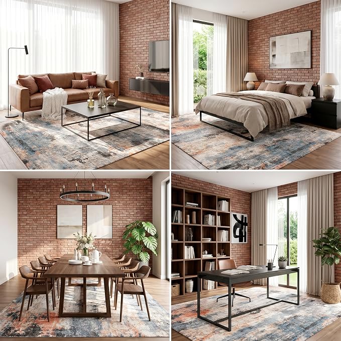 Water Resistant Area Rug Washable Pet Friendly Carpet for High Traffic Living Room Nursery Foldable 0.3 Inch Thin Mat with Cotton-Backed Non-Slip Silicone Backing, Terracotta Blue, 8'x10'