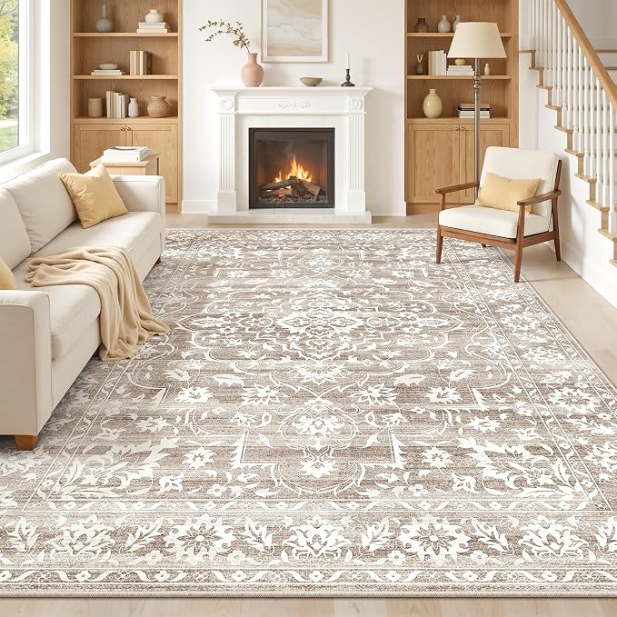 Soalmost 8x10 Area Rugs for Living Room, Washable Neutral Rug Light Brown | Vintage Floral Soft Stain Resistant Non-Slip Low Pile Thin Carpet for Dining Room Bedroom Kitchen Home Office Nursery 8'x10'