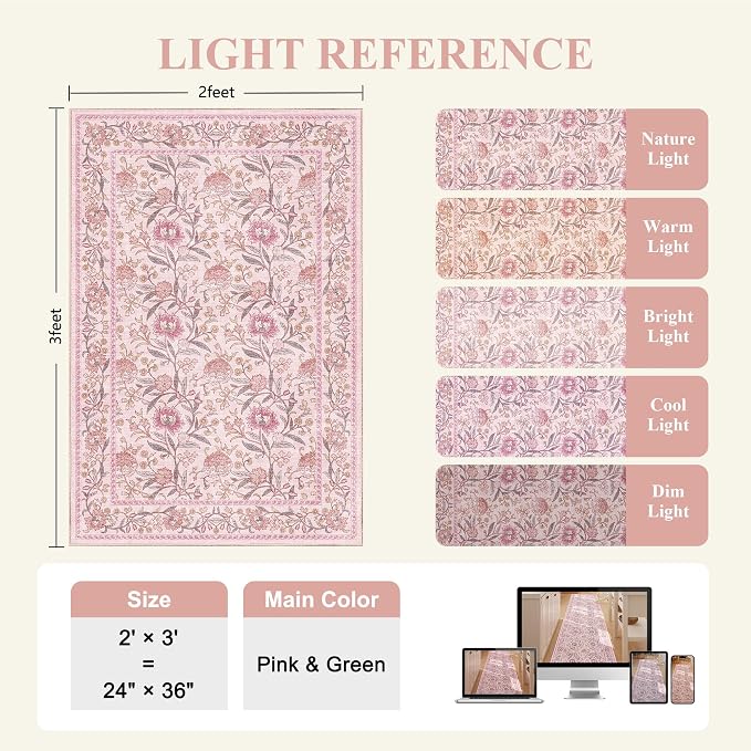 DUKINO 2x3 Rug, Washable Vintage Floral Bathroom Rugs Non Slip, Pink | Low Pile, Stain Resistant Boho Soft Indoor Door Mat, Small Front Door Carpet for Entryway Kitchen Laundry Bedroom Farmhouse