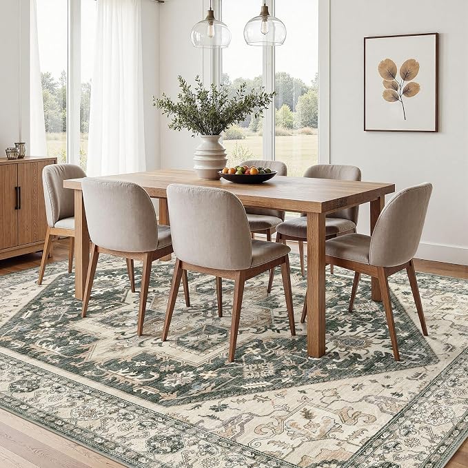 Area Rug for Living Room - 6x9 Washable Oriental Vintage Floral Large Soft Carpet - Fade Stain Resistant Non Slip Rugs for Bedroom Dining Room Nursery Dorm Office Home Decor - Vintage Green