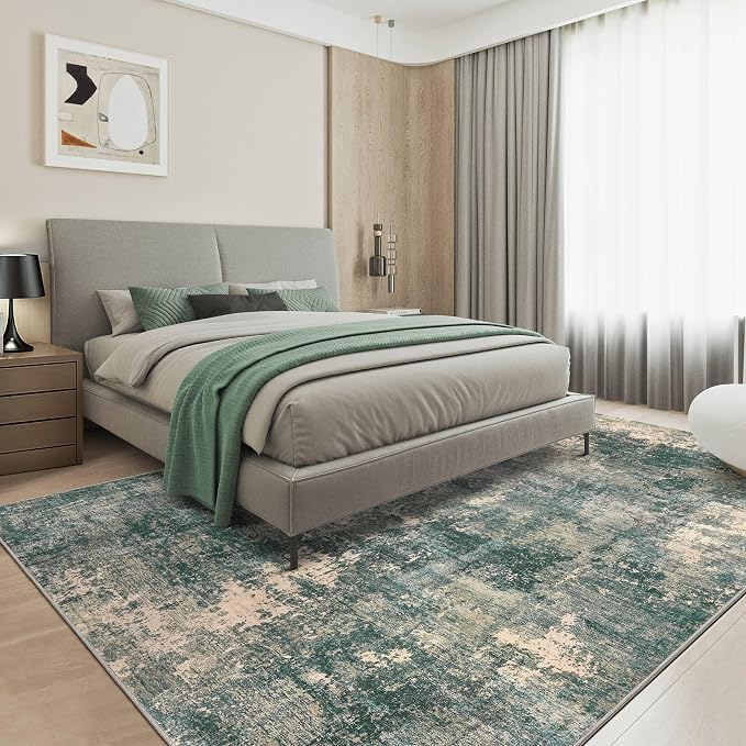 Abstract 8x10 Area Rug: Machine Washable Non Slip Ultra Thin Low-Pile Carpet, Soft Stain Resistant for Living Dining Room Bedroom, Kid Pet Friendly, Robot Vacuum Compatible - Dark Green/Beige