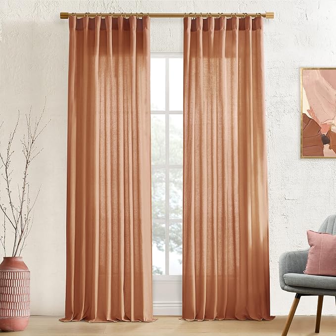 XTMYI Rusty Burnt Orange Curtains 2 Panels,Sheer Linen Medium Dusty Mecca Ocher Tone Rustic Cabin Curtains for Bedroom Living Room,108 Inches Long,Light Brown Red