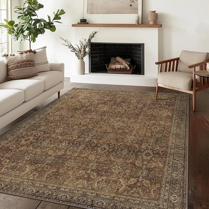 BESBLEE 3X5 Area Rugs Machine Washable Rugs for Living Room, Vintage Boho Large Rugs for Bedroom Dining Room, Non Slip Indoor Soft Distressed Lightweight Thin Low Pile Carpet, Rustic Brown