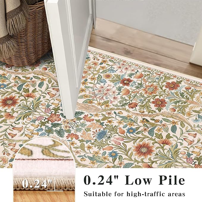 5×8 Area Rugs Beige Washable Floral Rug,Vintage Boho Soft Low-Pile Living Room Rugs, Stain Resistant Botanical Non-Slip Carpet for Bedroom,Dining Room, Kids Nursery,Home Decor
