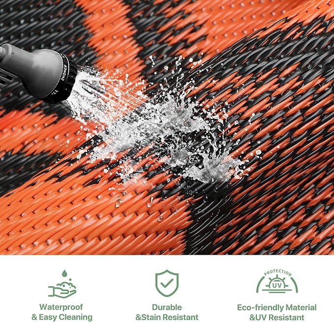 GENIMO Outdoor Rug Waterproof for Patio Decor, 6' x 9' Reversible Plastic Straw Floral Camping Carpet, Large Area Rugs Mats for RV, Camper, Deck, Balcony, Porch, Beach, Picnic, Black & Orange