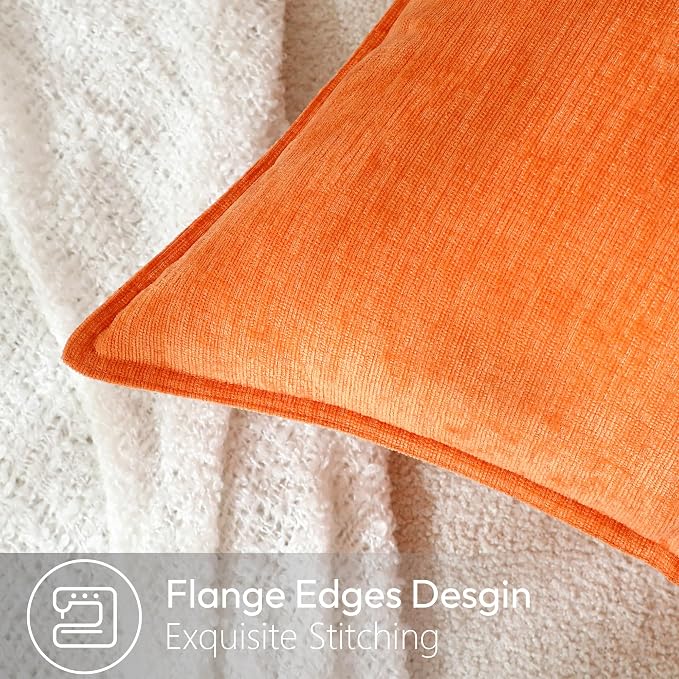 Stellhome Lumbar Chenille Throw Pillow Covers Set of 2 Super Soft Textured Decorative Pillow Covers Accent Solid Cushion Cover for Couch Sofa Bedroom Living Room 12x20 Inch, Orange