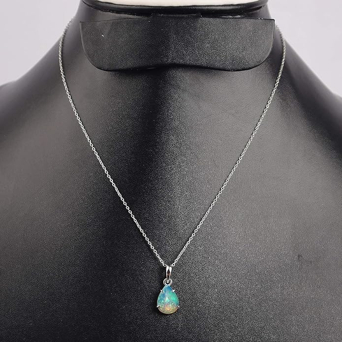 Natural Ethiopian Opal Silver Necklace For Women Dainty Cabochon Pendant, October Birthstone, Real Fire Play Pendants for Women, 925 S Adjustable 18 inch Chain, Mother's Day Jewelry Gift - Mom