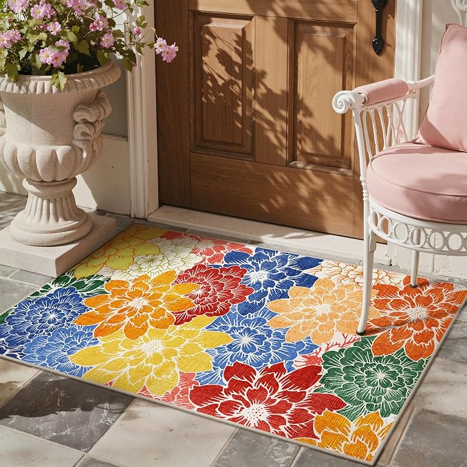 GENIMO Indoor Outdoor Area Rug for Entryway, 2'x3' Entry Rugs Door Mat, Machine Washable, Waterproof, Non-Slip, Easy Cleaning, Floral Outdoor Carpet for Patio Balcony Bedroom Kitchen, Colorful