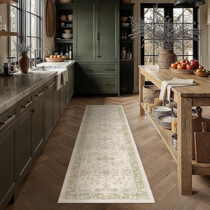 2x8 Sage Green Washable Runner Rug Non Slip Vintage Carpet | Soft Low Pile, Lightweight Foldable, Pet Friendly, Hallway, Kitchen, Bathroom, Front Door, Beside Bed