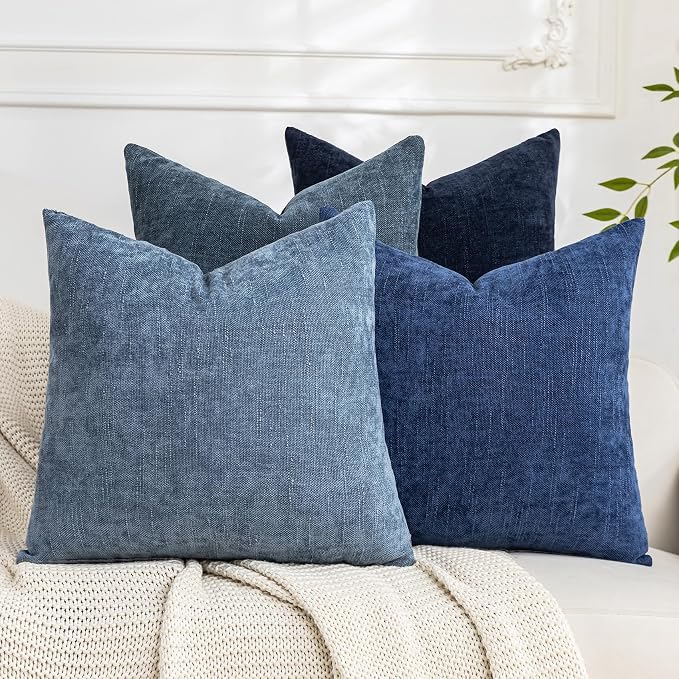 Set of 4 Soft Textured Decorative Throw Pillow Covers 22x22 Inch Cozy Farmhouse Cushion Cover Square Accent Pillow Cases for Bed Couch Sofa Living Room, Blue Series
