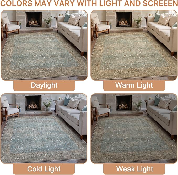 BESBLEE 8X10 Area Rugs Machine Washable Rugs for Living Room, Vintage Boho Large Rugs for Bedroom Dining Room, Non Slip Indoor Soft Distressed Lightweight Thin Low Pile Carpet, Weathered Teal