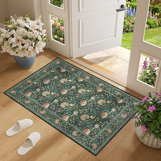 DUKINO 2x3 Rug, Washable Vintage Floral Bathroom Rugs Non Slip, Green | Low Pile, Stain Resistant Boho Soft Indoor Door Mat, Small Front Door Carpet for Entryway Kitchen Laundry Bedroom Farmhouse