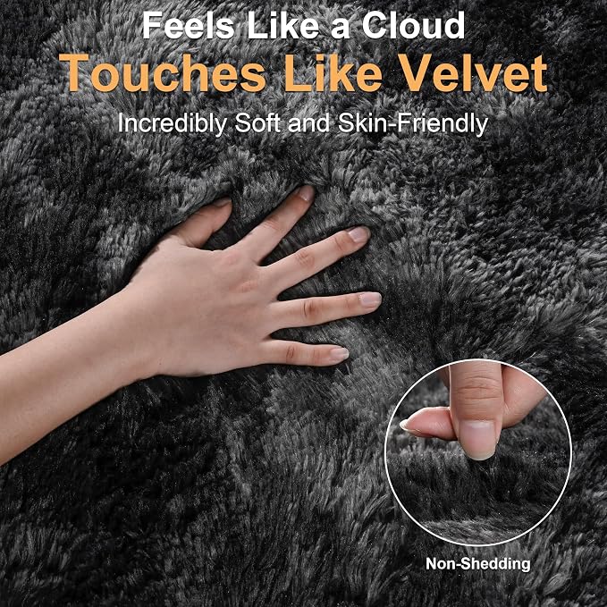 Fluffy Rugs for Living Room: Tie-dye Dark Grey Soft Shag Rug for Bedroom, Large Fuzzy Plush Indoor Floor Carpet Non Slip Modern Rug for Nursery Boys Girls Kids Room Dorms Home Decor, 9x11 Feet