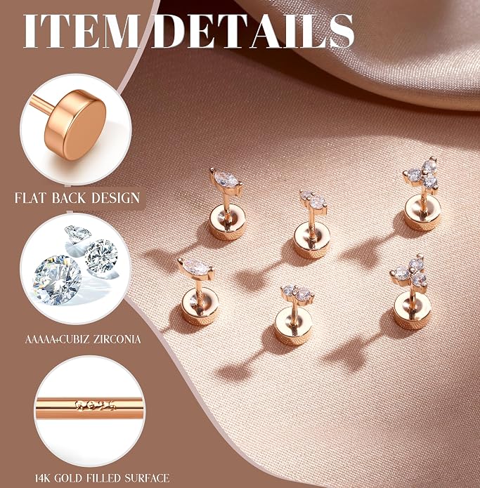 14K Gold Plated Solid 925 Sterling Silver Post Flat Back Earrings Stud | Cartilage Helix Conch Tragus Piercing Jewelry 3 Pairs Tiny Screw Dainty CZ Opal Earring Set Men Women