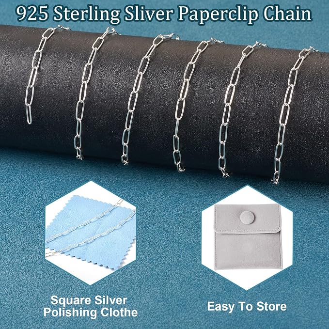 3.28 Feet Sterling Silver Paperclip Chain Paperclip Link Necklace Oval Cable Chain with Velvet Polishing Cloth Permanent Bracelet Kit 8.5x3mm for Women Men Necklace Jewelry Making
