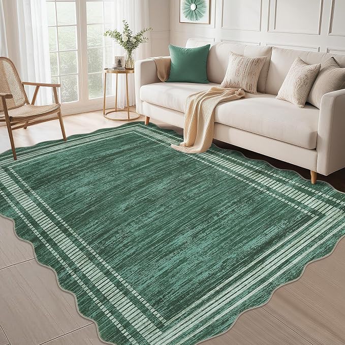 Garvee Scalloped Large Modern Christmas Area Rug 10x13 Washable Rug for Living Room, Non-Slip Soft Carpet for Bedroom, Scalloped Low-Pile Christmas Print Accent Rug for Dining Room Home Office, Green | Rugs for Living Room, Non-Slip Soft Carpet for Bed...