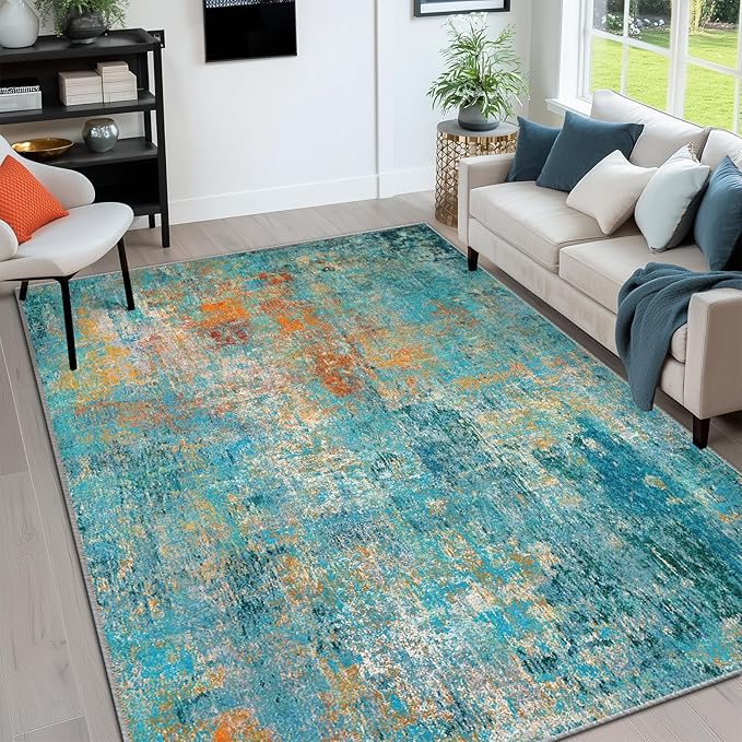 RELEANY Washable Area Rugs 6'x9' Non-Slip Modern Abstract Soft for Living Room Entryway Bedroom Kitchen, Print Pattern, Teal Blue Green Orange Rust Red Coloreful