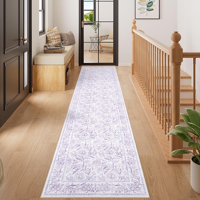 DUKINO 2x8 Runner Rug, Washable Vintage Floral Kitchen Rugs, Purple | Non Slip, Low Pile, Stain Resistant Aesthetic Soft Carpet Runner for Hallway Bathroom Entryway Bedroom Farmhouse Laundry Room