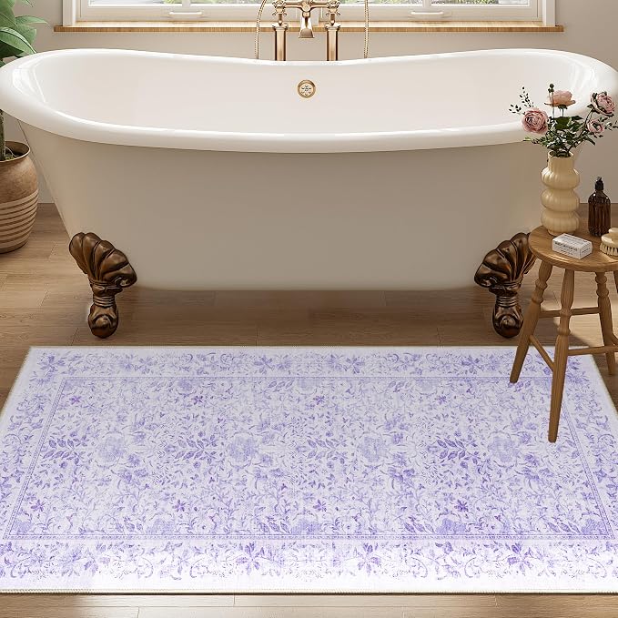 DUKINO 2x4 Rug, Washable Vintage Floral Bathroom Runner Rug, Purple | Non Slip, Low Pile, Stain Resistant, Aesthetic Lightweight Soft Indoor Carpet for Kitchen Entryway Hallway Bathroom Bedroom