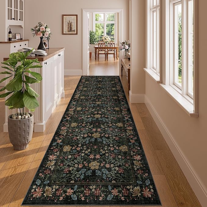 DUKINO 3x10 Runner Rug, Washable Vintage Floral Kitchen Rug Non Slip, Black | Low Pile, Non-Shedding, Stain Resistant, Boho Soft Carpet Runner for Hallway, Bathroom, Beside, Laundry, Bedroom, Entryway