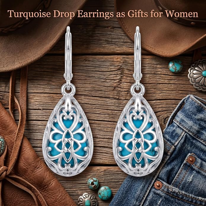 Silver Earrings Women Dangle Filigree/Abalone Shell/Turquoise Cowgirl Earrings Cat/Hummingbird/Chicken/Celtic Knot/Butterfly Jewelry Birthday Gifts for Women