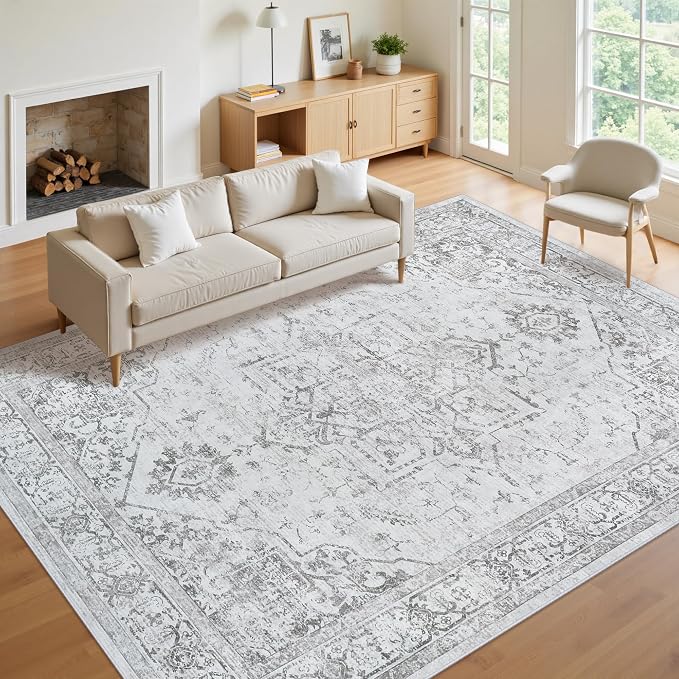 10x12 Area Rugs for Living Room:Washable Vintage Medallion Rug Non-Slip Soft Low Pile Gray Large Rugs Indoor Retro Carpet for Bedroom Kitchen Nursery Dining Table Office (Gray, 10'x12')