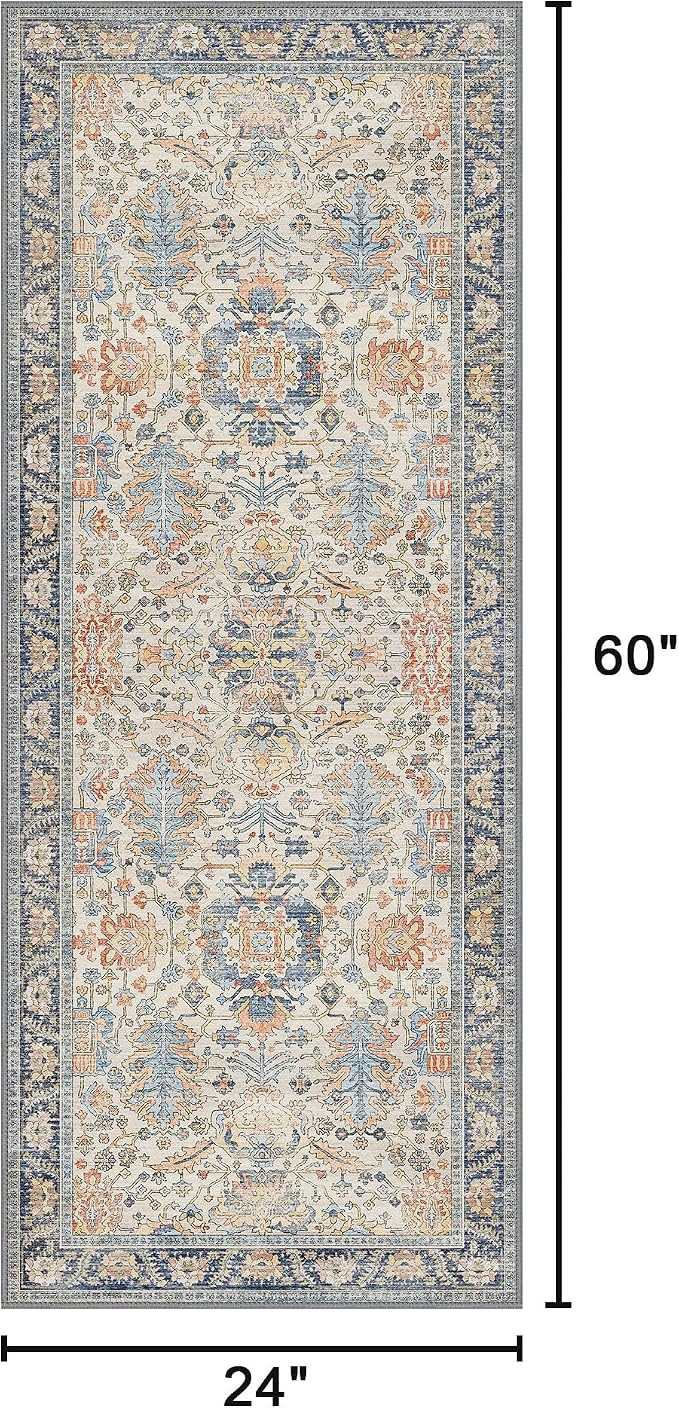 Bavni Runner Rug, Machine Washable Rugs for Bedroom 2x5, Non Slip Boho Rugs with Rubber Backing, Ultra-Thin Folable Rug Runner for Hallways Bathroom, Teal/Multi