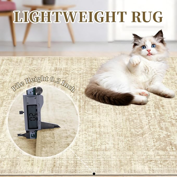 Beige 5x7 Area Rugs, Neutral Vintage Boho Carpet for Bedroom | for Living Room and Dining Room, Washable Low Pile Nursery Area Rug with Non-Slip Silicone Backing, Non-Shedding, Thin