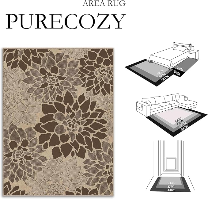 PureCozy 6x9 Easy Jute Outdoor Rug Brown Floral Textured Indoor Outdoor Area Rug Farmhouse Patio Carpet for Backyard, Patio, Porch, Easy-Cleaning, High Traffic, Pet-Friendly, Non-Shedding