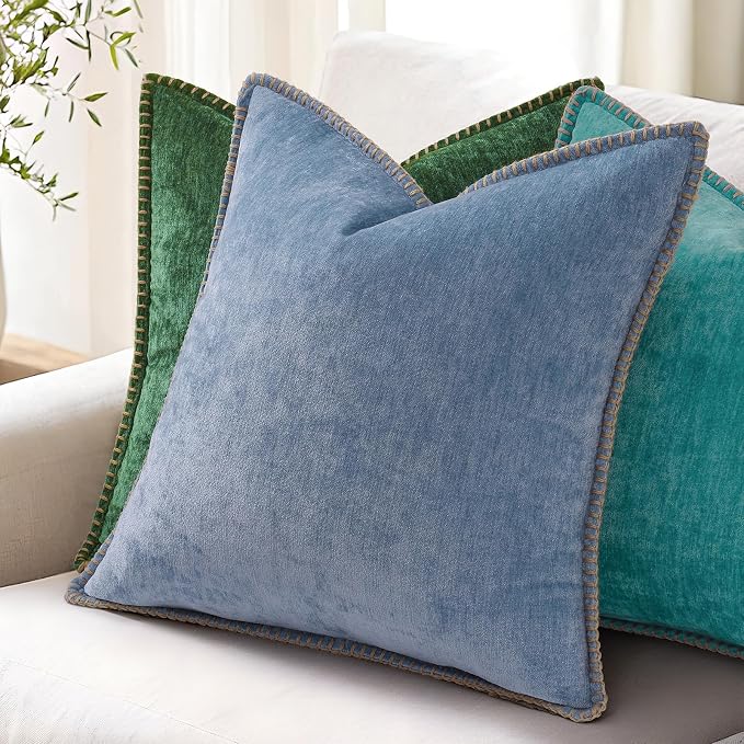 decorUhome Soft Chenille Throw Pillow Covers 16x16 Set of 2 Turquoise | Fall Textured Decorative Throw Pillow Cases Stitched Edge Modern Farmhouse Luxury Boho Velvet for Couch Sofa Bed Home Decor