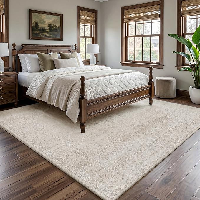 FMFUNCTEX 6x9 Washable Area Rug Neutral Beige Vintage Distressed Oriental Non Slip Low Pile Floral Rug for Living Room Bedroom Cream Traditional Soft Thin Retro Indoor Carpet for Dining Room Office