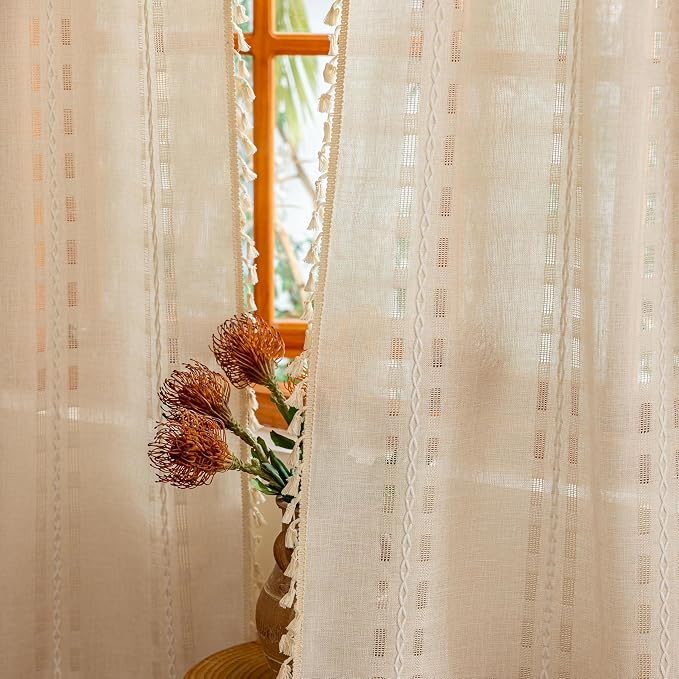 Natural Boho 96 inch Curtains 2 Panel Set for Living Room Dining room Floor to Ceiling, Light Filtering Tassels Privacy Country Vintage Embroidery Bohemian Stripes Window Treatment Back Tab, 50"W