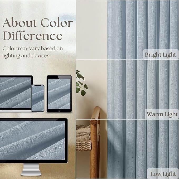 Light Blue Linen Curtains 102 Inches Long for Living Room Pinch Pleated Drape with Hooks Rings for Track System Light Filtering 102 Inch Curtain for Bedroom Sliding Patio Door 2 Panels Dusty Blue