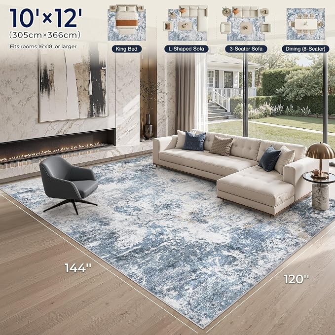 DMOYEST 10x12 Area Rug for Living Room, Washable & Non Slip Large Indoor Carpet, Kid & Pet Friendly Soft Thin Low Pile Abstract Rug for Bedroom and Office - Blue