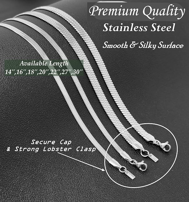 Herringbone Chain 316L Stainless Steel 14,16,18,20,22,24,27,30 inches Necklace for Men and Women in Gold, Silver Tone