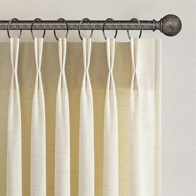 Pinch Pleated 92 Inch Curtains 2 Panels for Living Room Cream Linen Curtains 92 Inches Long Pinch Pleat Drapes for Track System Light Filtering Semi Sheer Curtains for Living Room Bedroom,Brich
