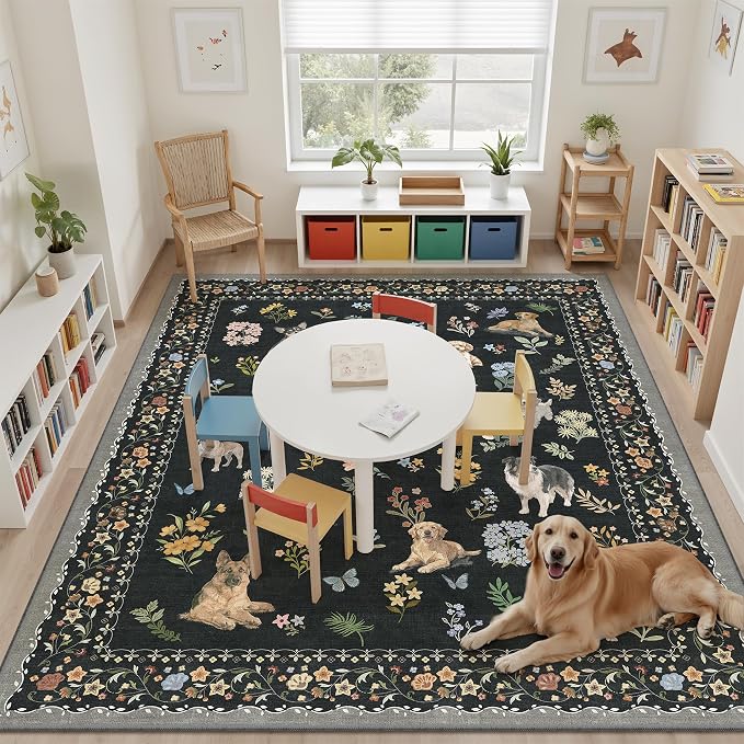 Soalmost Dog 8x10 Area Rugs for Living Room, Washable Animal Soft Rug Black | Floral Vintage Non-Slip Low Pile Cute Throw Large Rugs for Classroom Bedroom Dining Room Nursery Playroom 8' x 10'