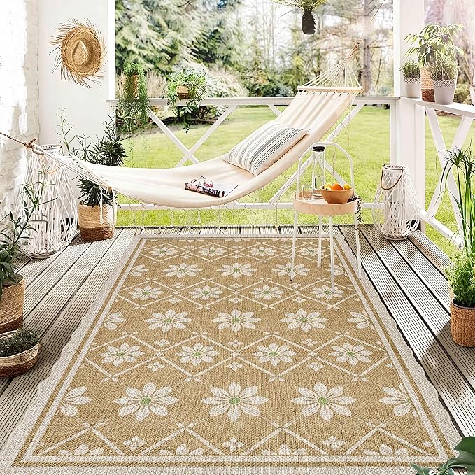 ORTIGIA Scalloped Easy Jute 3x5 Area Rug Boho Vintage Brown Floral Farmhouse Washable Rug Non-Slip Indoor Outdoor Carpet for Living Room Bedroom Kitchen Patio Entryway