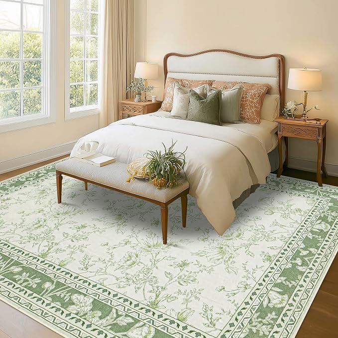 BILEEHOME Floral Area Rug for Bedroom 5x8 Sage Green and Cream Beige Vintage Boho Floral Sketch Style, Washable Low Pile Non Slip Area Rugs for Nursery Living Dining Room, Cozy Aesthetic Home Decor