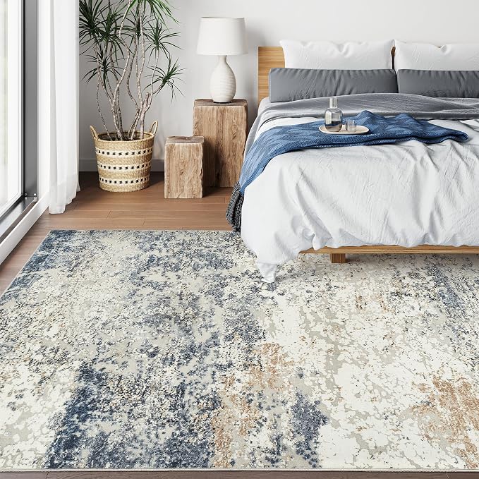 Art&Tuft Washable Rugs 7x9, Anti-Slip Backing Abstract Area Rug 7x9, Stain Resistant Rugs for Living Room, Foldable Machine Washable Area Rug(7'x9', Blue)