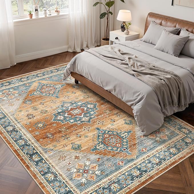 Roxstand 6x9 Washable Area Rug, Non Slip Living Room Rug Navy/Orange | Low Pile Vintage Rug, Stain Resistant, Non-Shedding Design, Pet & Kid Friendly, Carpet for Bedroom, Dining Room Office