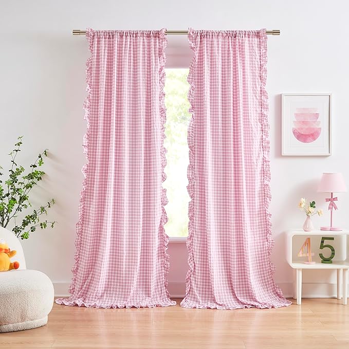 ZJDECOR Buffalo Plaid Girls Room Curtain Panels 90 Inches Long Rod Pocket | Farmhouse Not-See-Through Sheer Ruffle Drapes,Shabby Chic Window Treatment for Bedroom Living Room,40"Wx90"L(Pack of 2)