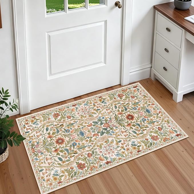 Floral 2x3 Entryway Rug,Washable Front Door Mat Indoor Non Slip Low Pile Small Carpet, Soft Beige Boho Botanical Throw Rug for Bathroom Bedroom Kitchen Laundry Indoor Entrance