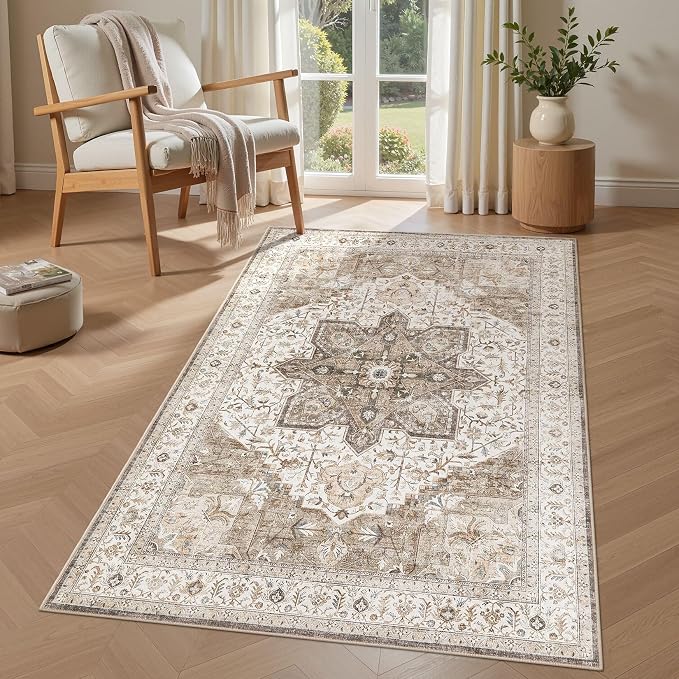 Tortania Area Rug Living Room Rugs - 3x5 Washable Rug Vintage Oriental Distressed Farmhouse Small Thin Indoor Carpet for Living Room Bedroom Under Dining Table Home Office - Brown