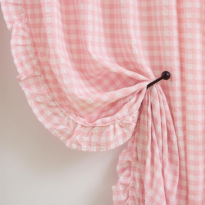 ZJDECOR Short Blush Pink Buffalo Plaid Curtains 63 Inch for Girls Room | Crinkle Not-See-Through Sheer Drapes for Kids Room,Farmhouse Bedroom Living Room Window Treatment,Rod Pocket,40"Wx63"Lx2